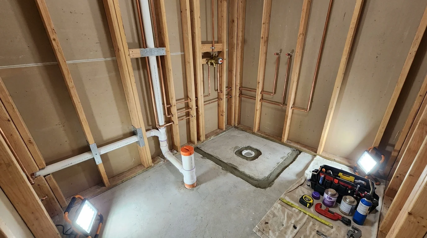 Bathroom rough-in plumbing during remodel by Johns Plumbing LLC in Donald