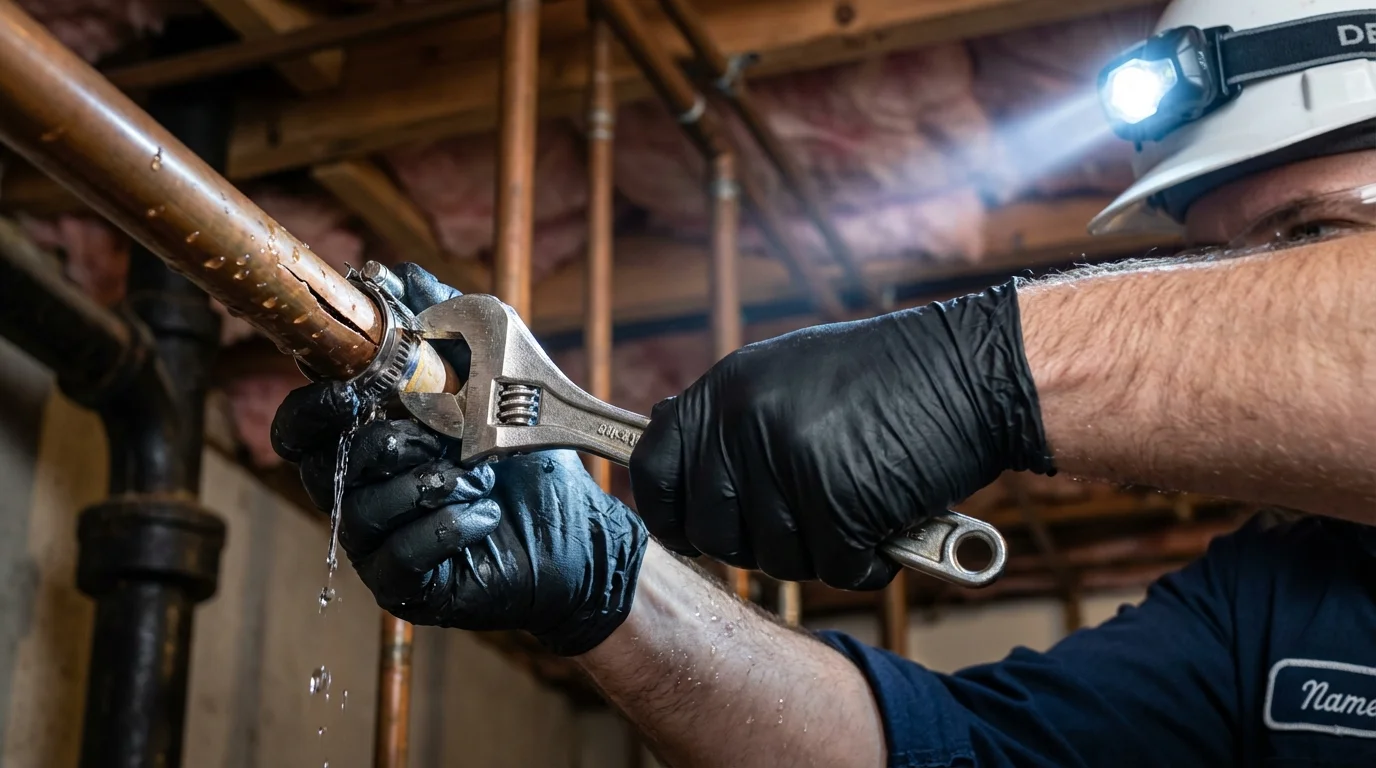 Emergency pipe clamp repair being performed by a Johns Plumbing LLC plumber in Donald