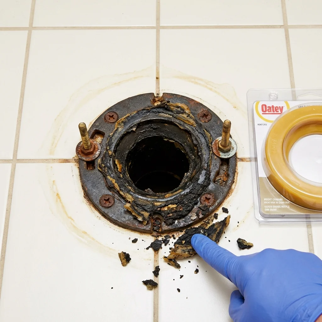 Failed wax ring showing water seepage at the base of a toilet in a Donald, OR home