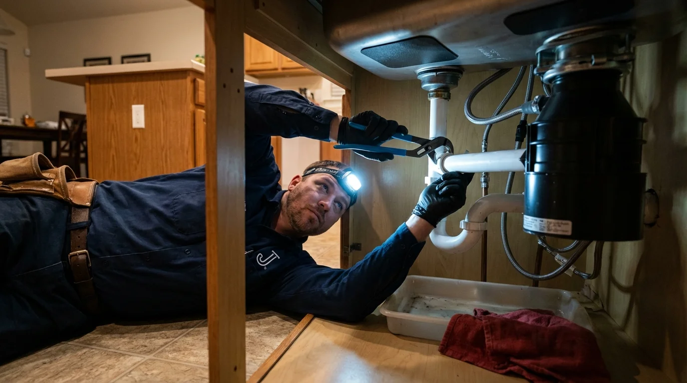 P-trap and supply line connections under a kitchen sink showing a common leak point in Donald, OR